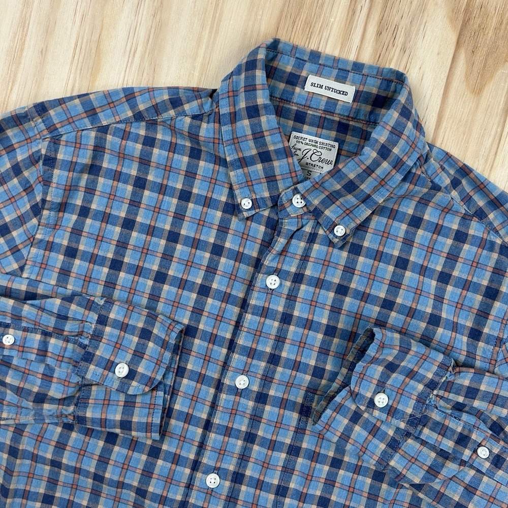 J.Crew Secret Wash Men's Shirt Small Slim Untucked Blue Plaid Organic Cotton